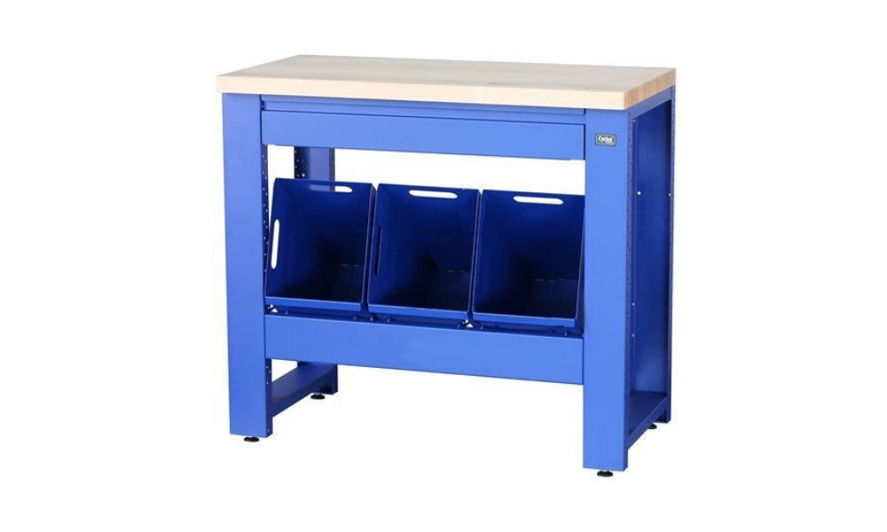 Workshop table Cyclus Tools System 500 89 x 100 x 50 cm with trash can 3 x 25 L, pull-out 3 containers, drawer blue (720819) 
