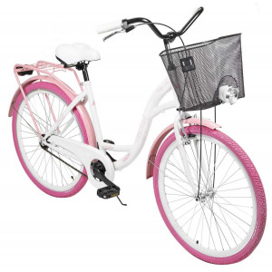 Bicycle AZIMUT City Lux 26" 2023 with basket white-pink